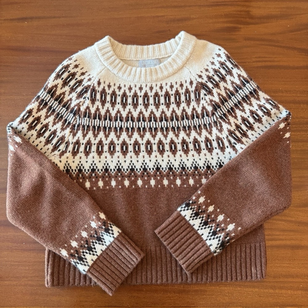 J.Crew 100% Cashmere Fair Isle Sweater Women XS Brown Cream Black Nordic Aztec